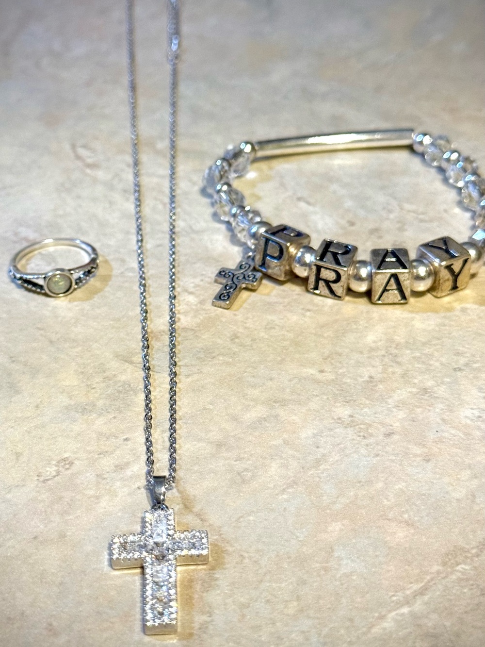 Silver Crystal Cross Pendant Necklace Bundle With Size 5 Ring & Prayer Bracelet